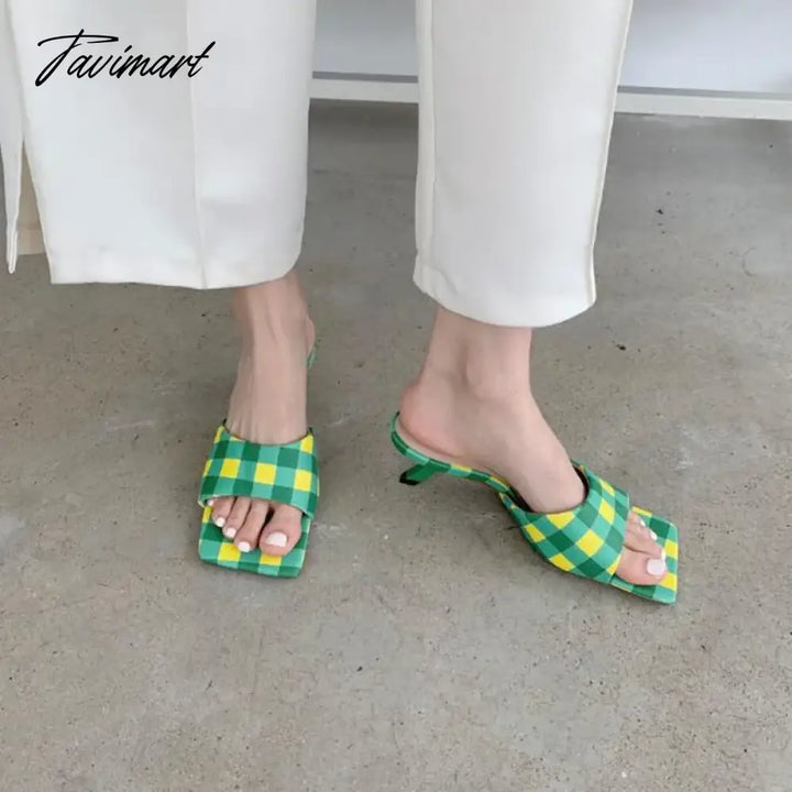 Tavimart Summer New Fashion Checkerboard Slippers Women Thin Low Heel Sandals Femmes Elegant Shoes