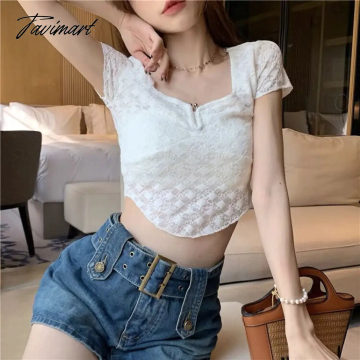 Tavimart Summer New Square Collar Lace Shirts For Women Sweet Hot Crop Top Bottoming Tops Korean