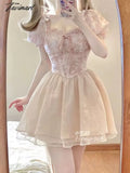 Tavimart Summer New Sweet Lace Floral Kawaii Princess Dress Japanese Cute Girl Thin Waist Mini A -