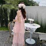 Tavimart Summer Off Shoulder Sleeveless Ruffled Halterneck Chiffon Dress Women Loose Sweet Pink