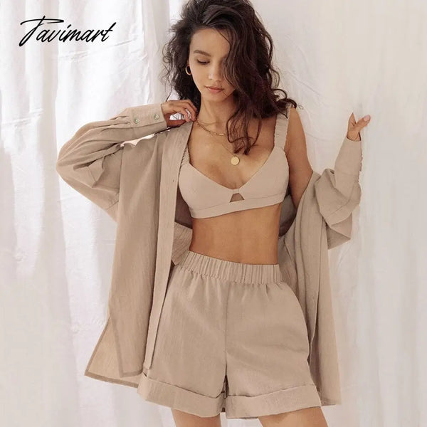 Tavimart Summer Pajamas Matching Sets Women Lapel Button Shirts Long Sleeve Solid Color Short Pants