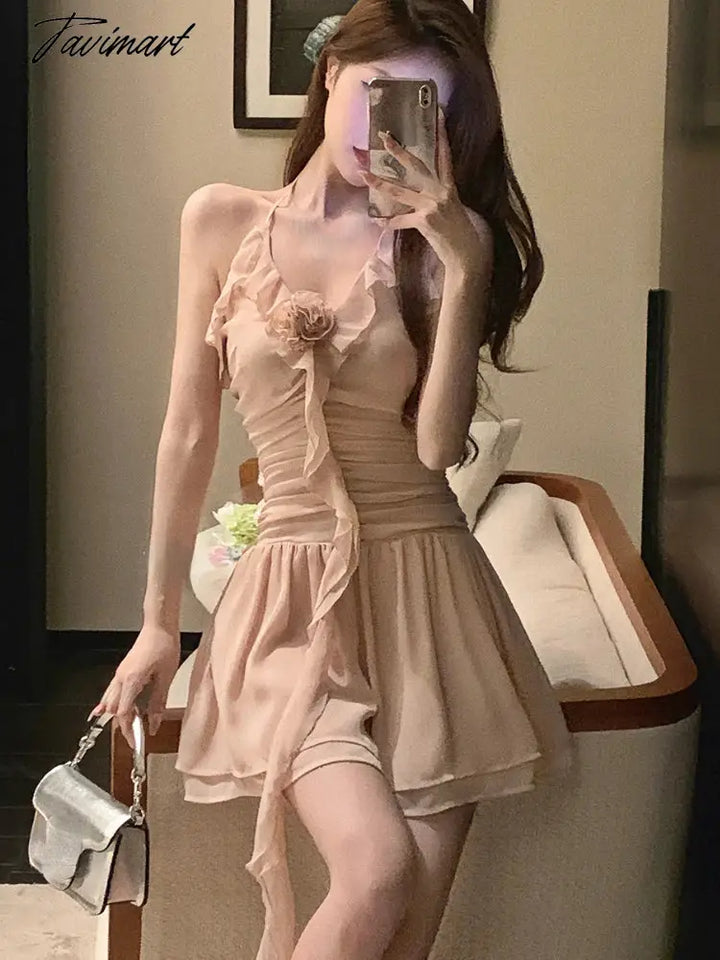 Tavimart - Summer Pink Elegant Kawaii Dress Women Chiffon Korean Fashion Party Mini Female Sexy