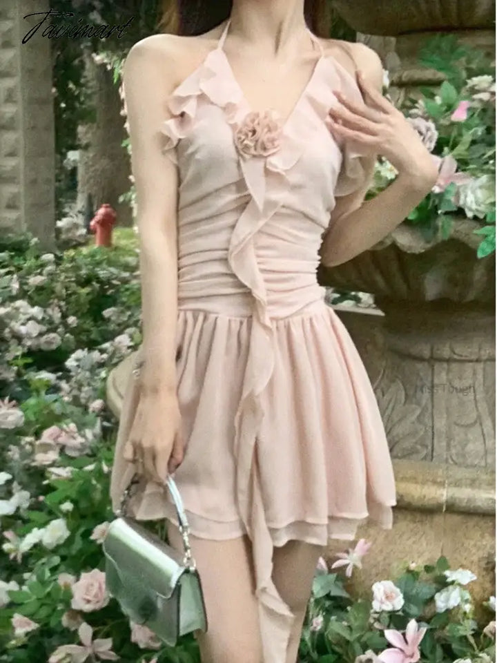 Tavimart - Summer Pink Elegant Kawaii Dress Women Chiffon Korean Fashion Party Mini Female Sexy