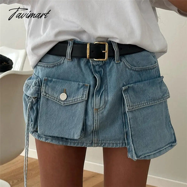 Tavimart Summer Pocket Denim Mini Skirt Women Blue Slim Sexy Bag Hip Skirts Femme Street Casual