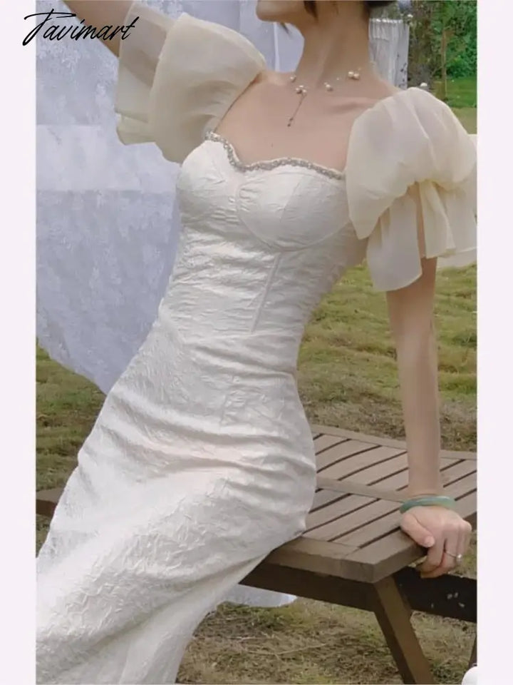 Tavimart Summer Puff Sleeve White Wedding Dress Women Square Collar Elegant Prom Female Slim