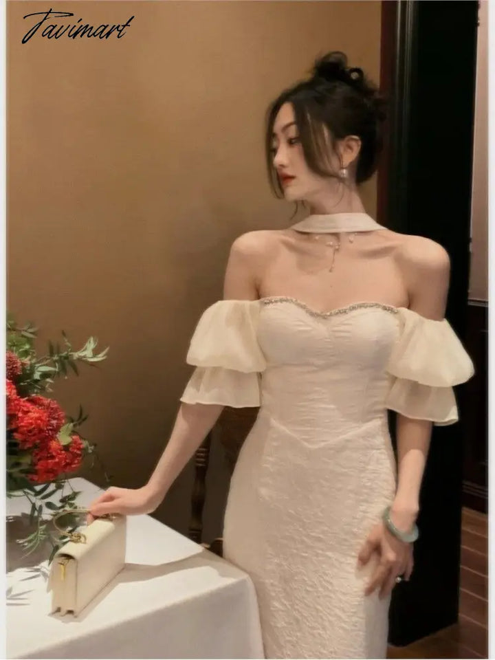 Tavimart Summer Puff Sleeve White Wedding Dress Women Square Collar Elegant Prom Female Slim