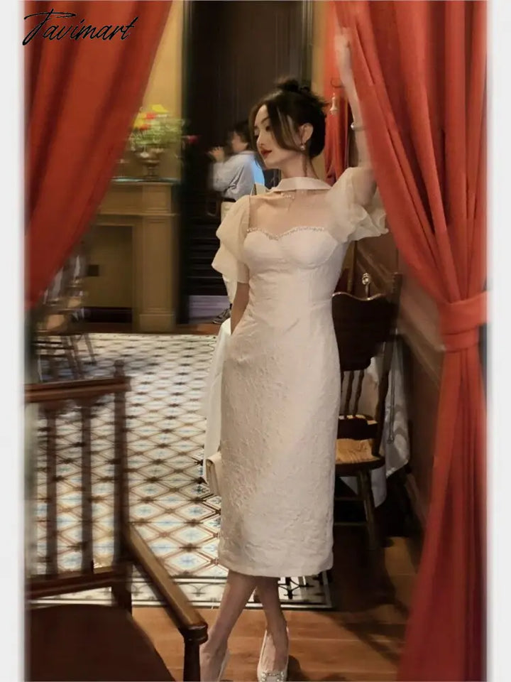 Tavimart Summer Puff Sleeve White Wedding Dress Women Square Collar Elegant Prom Female Slim