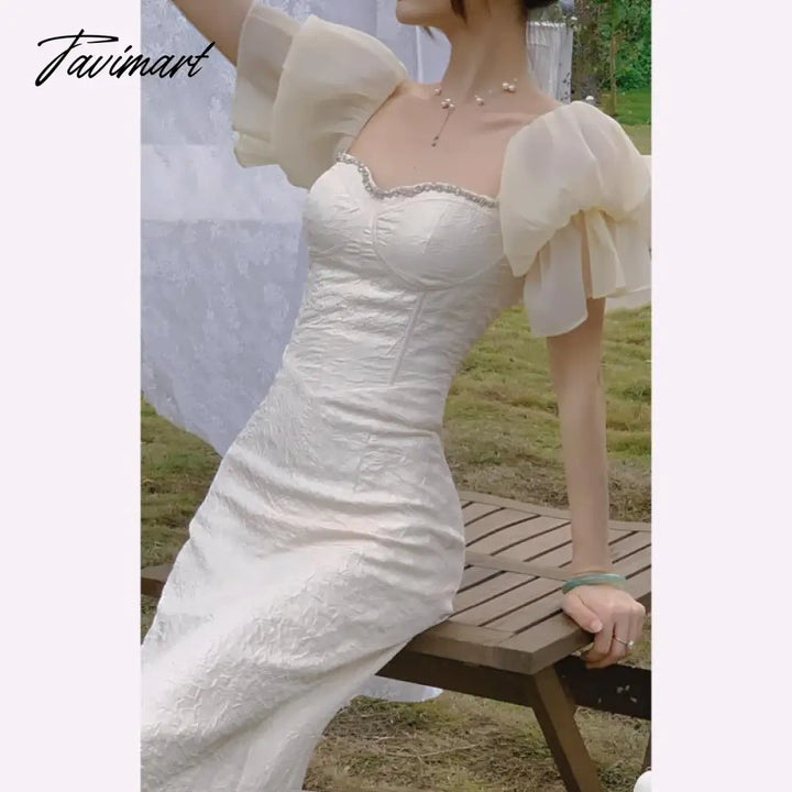 Tavimart Summer Puff Sleeve White Wedding Dress Women Square Collar Elegant Prom Female Slim