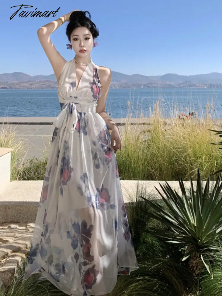 Tavimart Summer Sexy Backless Print Maxi Dress Women Vacation Beach Holiday Halter Sundress Femme