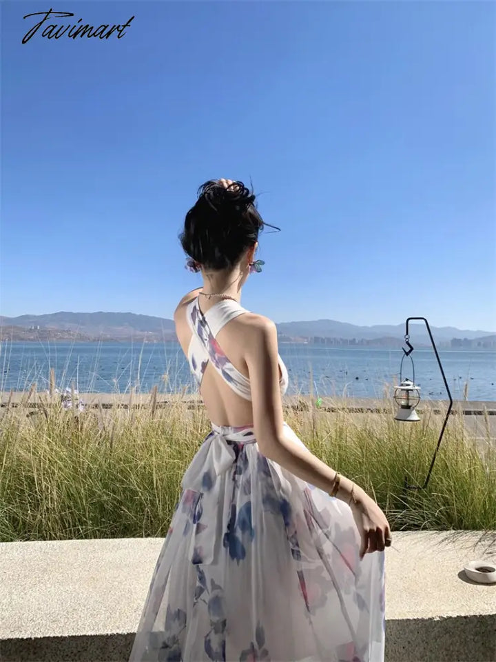 Tavimart Summer Sexy Backless Print Maxi Dress Women Vacation Beach Holiday Halter Sundress Femme