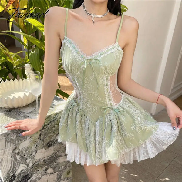 Tavimart Summer Sexy But Cute Style High Quality Lace Stitching Suspender Dress Design Slim Waist