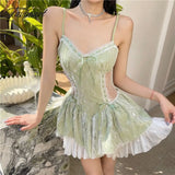 Tavimart Summer Sexy but Cute Style High Quality Lace Stitching Suspender Dress Design Slim Waist Dresses Super Fairy
