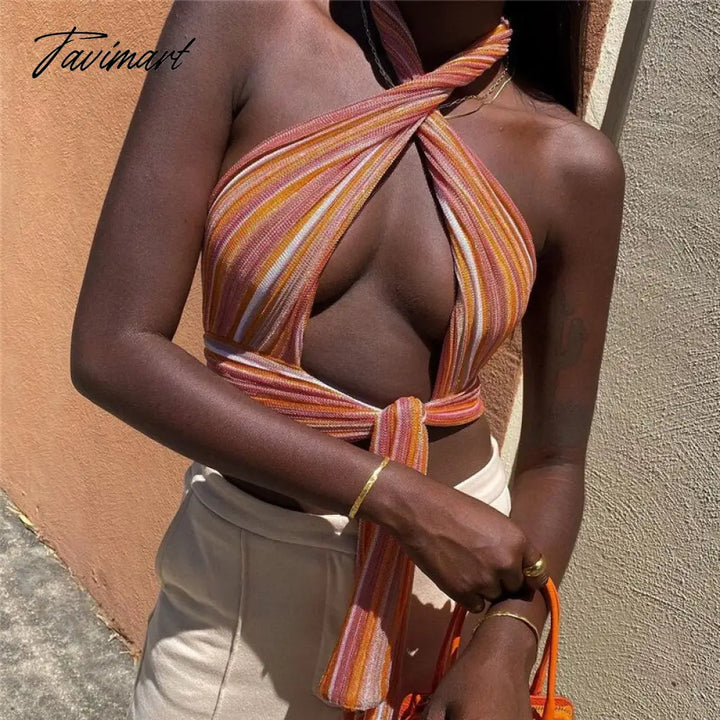 Tavimart Summer Sexy Cross Halter Tops For Women Holiday Party Bandage Backless Y2K Crop Top