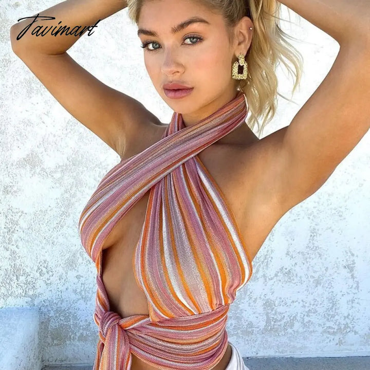 Tavimart Summer Sexy Cross Halter Tops For Women Holiday Party Bandage Backless Y2K Crop Top