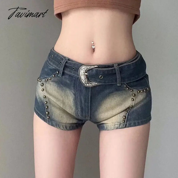 Tavimart Summer Sexy Jeans Shorts For Women Rivet Belted Low Rise Tights Booty Mini Hot Pants Retro