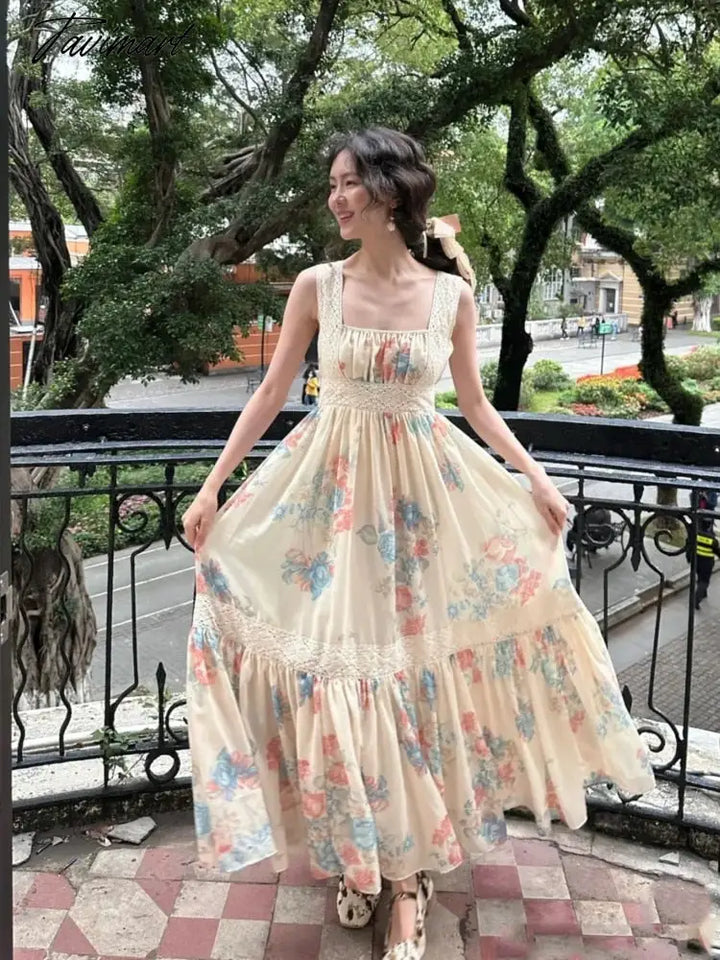 Tavimart Summer Sexy Straps Floral Print Ruffles Fairy Dresses For Women’s Elegant Party Evening