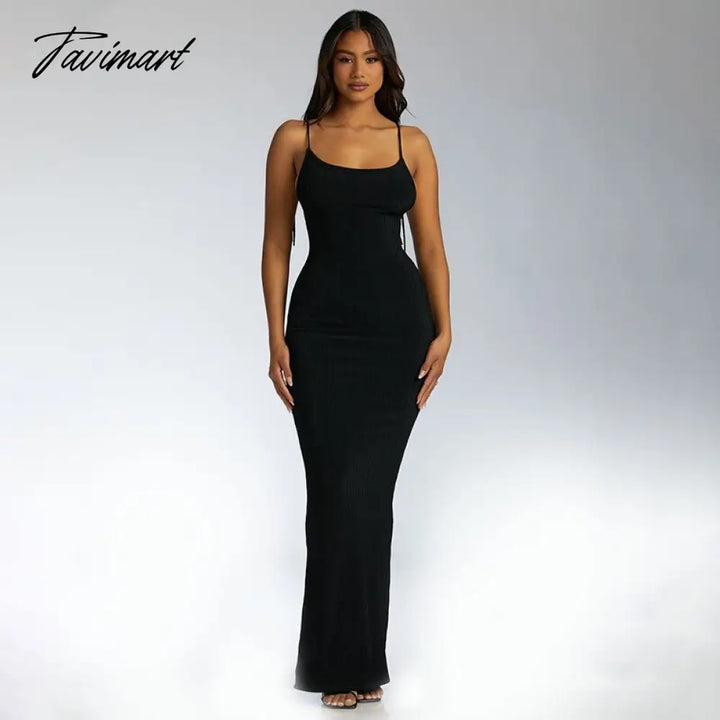 Tavimart Summer Solid Color Suspenders Sexy Big Backless Lace Up Hip Long Slim Dress Women Lady