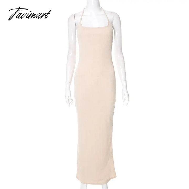 Tavimart Summer Solid Color Suspenders Sexy Big Backless Lace Up Hip Long Slim Dress Women Lady