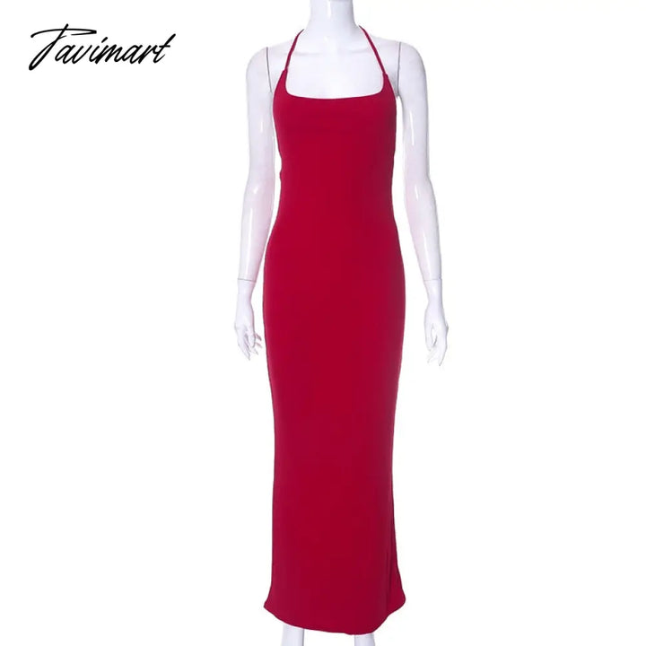 Tavimart Summer Solid Color Suspenders Sexy Big Backless Lace Up Hip Long Slim Dress Women Lady