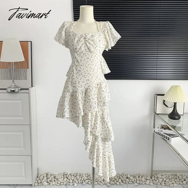 Tavimart - Summer Square Neck Floral Dress Lady’s Irregular Ruffled Midi Slim Party Vestidos