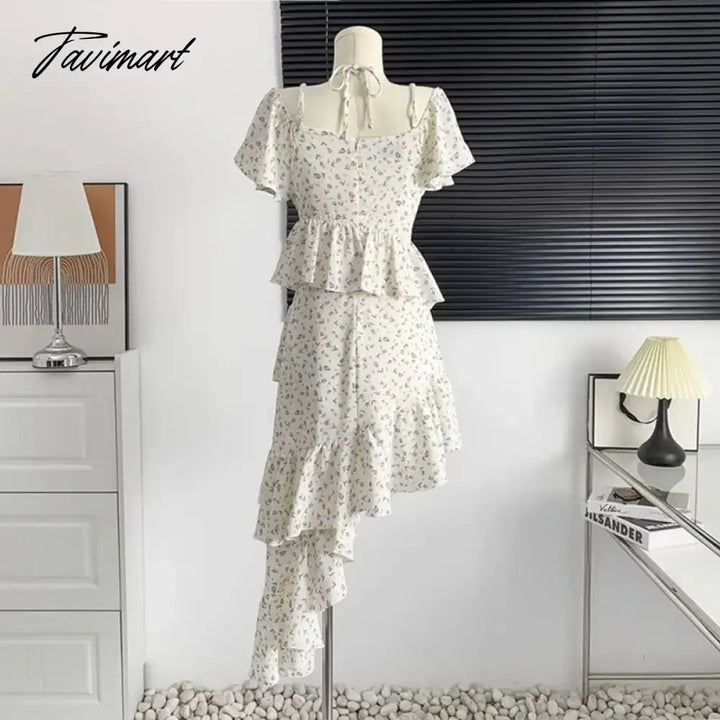 Tavimart - Summer Square Neck Floral Dress Lady’s Irregular Ruffled Midi Slim Party Vestidos