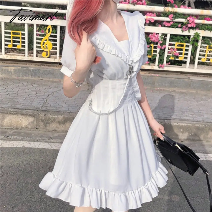 Tavimart Summer Sweet Girls Lolita Kawaii Dress Dark Goth White Black Japanese College Style Slim