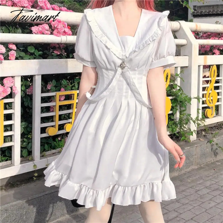 Tavimart Summer Sweet Girls Lolita Kawaii Dress Dark Goth White Black Japanese College Style Slim