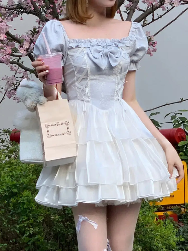 Tavimart Summer Sweet Kawaii Lolita Dress Square Collar One Piece Korean Fashion Women Casual