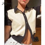 Tavimart Summer T Shirt Women Casual Knitted Elastic Tshirt Short Sleeve Turn - Down Collar Tee