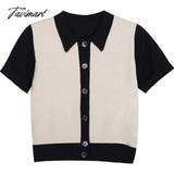 Tavimart Summer T Shirt Women Casual Knitted Elastic Tshirt Short Sleeve Turn - Down Collar Tee