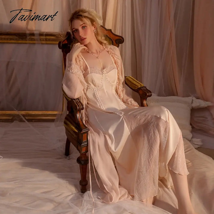 Tavimart Summer Thin Lace Night Dress Women Seductive French Pajamas Female Sexy Nightgown Ice Silk