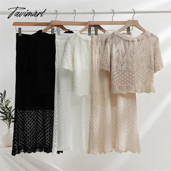 Tavimart Summer Tracksuit Women Two Piece Set Skirt And Top Knitted 2 Black White Knit Short Sleeve