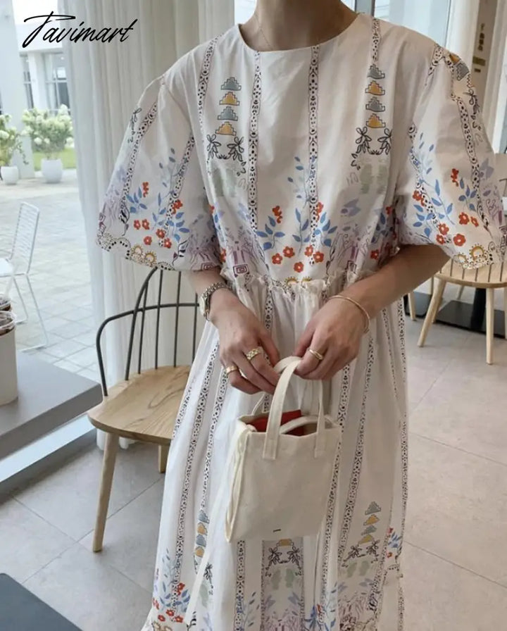 Tavimart Summer Vintage Robe Printing O Neck Vestidos Edge Of Fungus Puff Sleeve Loose Dress Korean