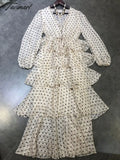 Tavimart Summer Vintage Women Maxi Ruffle Dress Long Sleeve Cake Polka Dot Print Sexy Tunic Beach