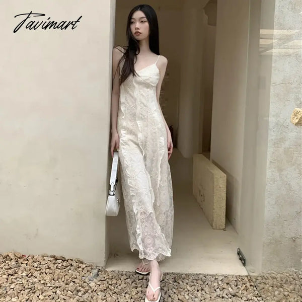 Tavimart Summer White Long Lace Slip Dress For Women Ruffles Backless A Line Tunics Beach Vocation