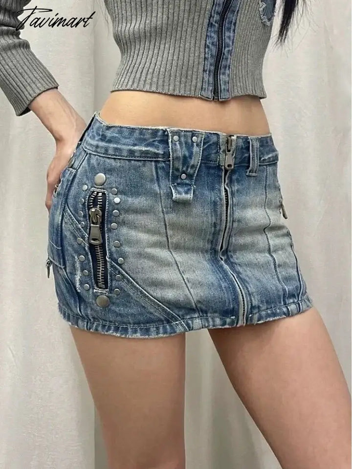 Tavimart - Summer Woman Y2K Denim Skirt Low Rise Jean Cargo Zipper New Design Mini Sexy Hot Gyaru