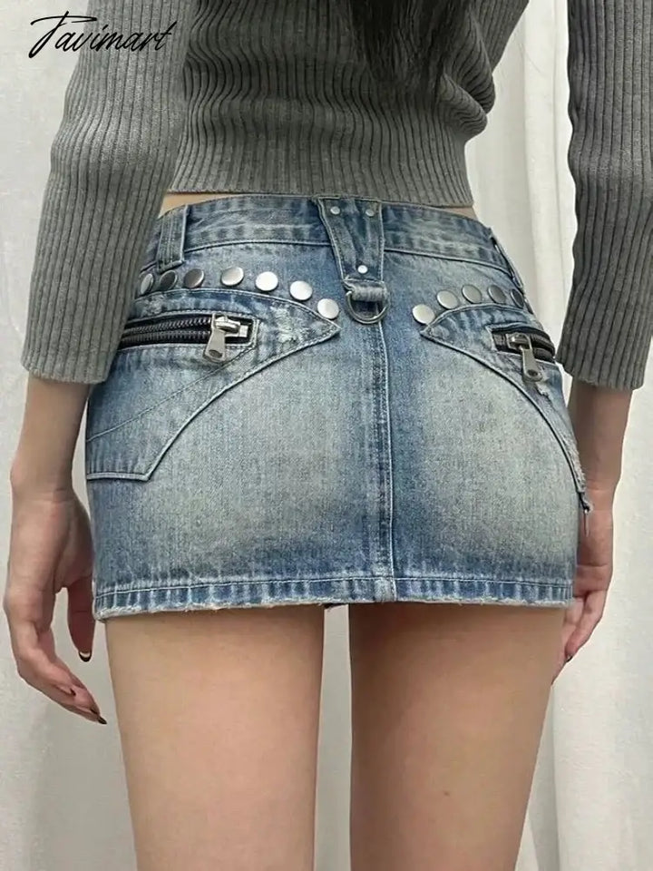 Tavimart - Summer Woman Y2K Denim Skirt Low Rise Jean Cargo Zipper New Design Mini Sexy Hot Gyaru