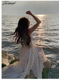Tavimart Summer Women Beach Long Sundress Suspenders Vintage Backless Ruffles Fairy Dress Elegant