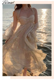 Tavimart Summer Women Beach Long Sundress Suspenders Vintage Backless Ruffles Fairy Dress Elegant