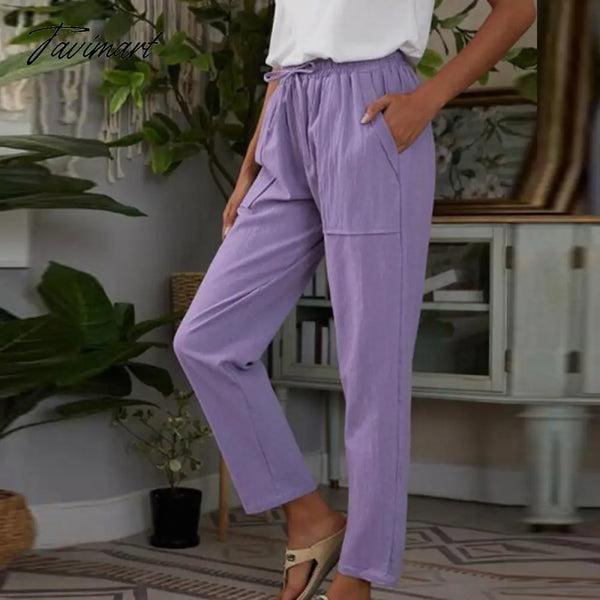 Tavimart Summer Women Casual Long Pant Fashion Lady Solid Mid Waist Cotton Linen Sweatpant New