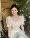 Tavimart Summer Women Elegant Flower Wedding Party Dress Vintage Female France Ruffles Midi