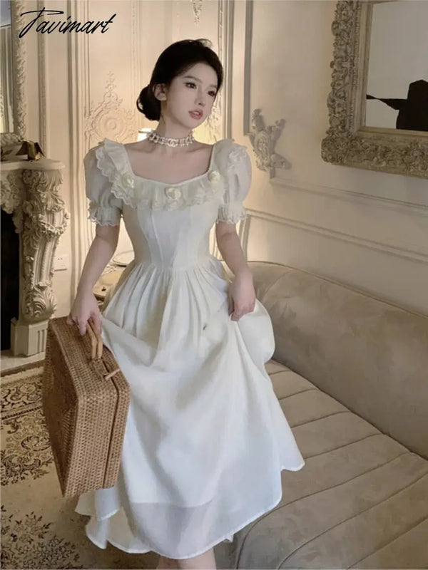 Tavimart Summer Women Elegant Flower Wedding Party Dress Vintage Female France Ruffles Midi