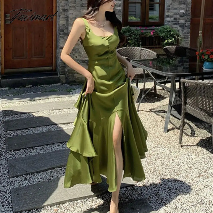 Tavimart Summer Women Long Satin Dress Sleeveless Sexy Backless Silk Slit Ruffle Maxi Beach Robe