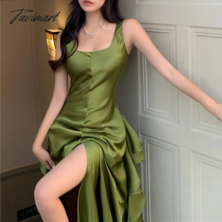 Tavimart Summer Women Long Satin Dress Sleeveless Sexy Backless Silk Slit Ruffle Maxi Beach Robe