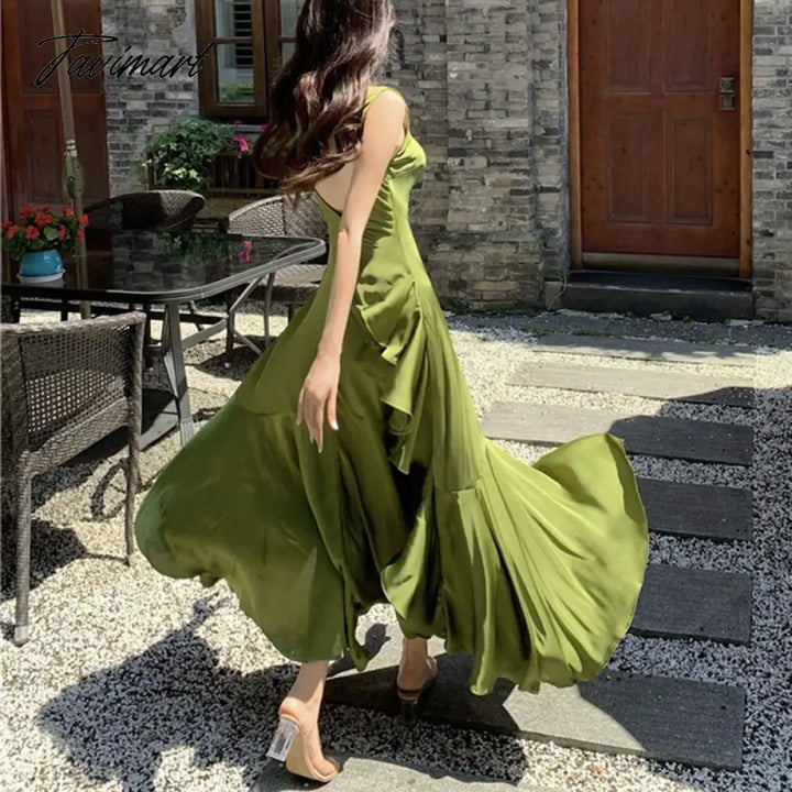 Tavimart Summer Women Long Satin Dress Sleeveless Sexy Backless Silk Slit Ruffle Maxi Beach Robe