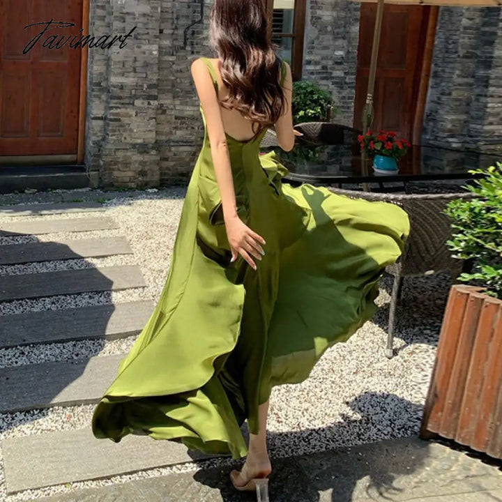 Tavimart Summer Women Long Satin Dress Sleeveless Sexy Backless Silk Slit Ruffle Maxi Beach Robe