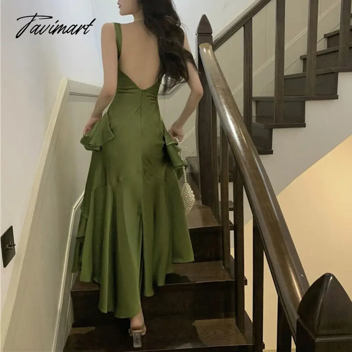 Tavimart Summer Women Long Satin Dress Sleeveless Sexy Backless Silk Slit Ruffle Maxi Beach Robe