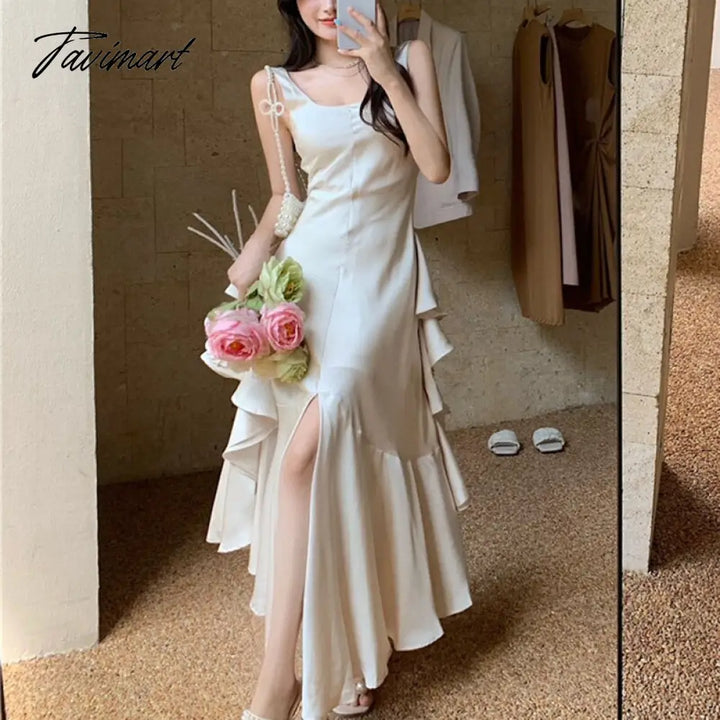 Tavimart Summer Women Long Satin Dress Sleeveless Sexy Backless Silk Slit Ruffle Maxi Beach Robe