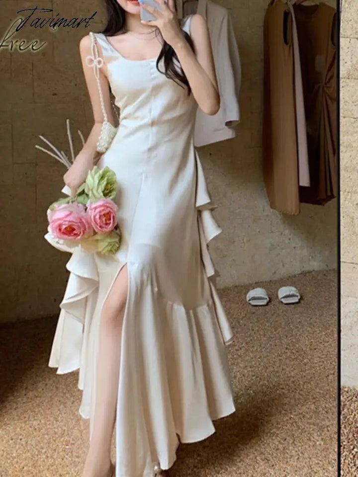 Tavimart Summer Women Long Satin Dress Sleeveless Sexy Backless Silk Slit Ruffle Maxi Beach Robe