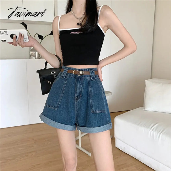 Tavimart Summer Women’s Shorts High Waist Loose - Fitting Curl Wide - Leg Denim New Slimming